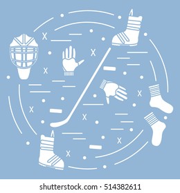 Vector illustration of various subjects for hockey and snowboarding arranged in a circle. Including icons of helmet, gloves, stick, puck, socks, snowboard boots.