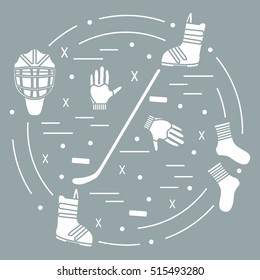 Vector illustration of various subjects for hockey and snowboarding arranged in a circle. Including icons of helmet, gloves, stick, puck, socks, snowboard boots.