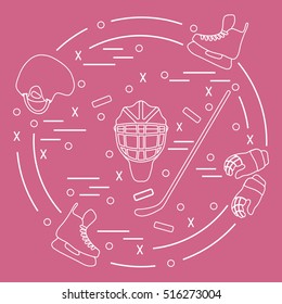Vector illustration of various subjects for hockey arranged in a circle. Including icons of helmet, gloves, skates, goalkeeper mask, stick, puck. Winter elements made in line style. 