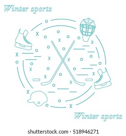 Vector illustration of various subjects for hockey arranged in a circle. Including icons of helmet, skates, goalkeeper mask, stick, puck. Winter elements made in line style. 