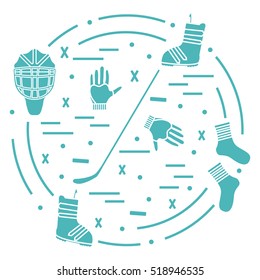 Vector illustration of various subjects for hockey and snowboarding arranged in a circle. Including icons of helmet, gloves, stick, puck, socks, snowboard boots.