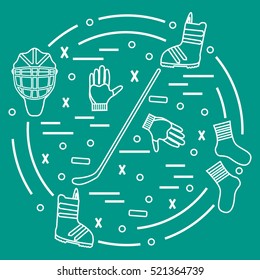 Vector illustration of various subjects for hockey and snowboarding arranged in a circle. Including icons of helmet, gloves, stick, puck, socks, snowboard boots. Winter elements made in line style. 