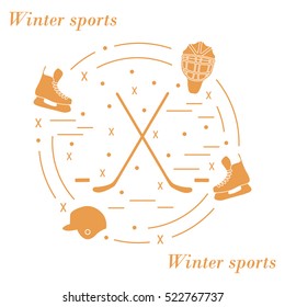 Vector illustration of various subjects for hockey arranged in a circle. Including icons of helmet, skates, goalkeeper mask, hockey stick, puck. 