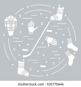 Vector illustration of various subjects for hockey and snowboarding arranged in a circle. Including icons of helmet, gloves, stick, puck, socks, snowboard boots.