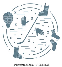 Vector illustration of various subjects for hockey and snowboarding arranged in a circle. Including icons of helmet, gloves, stick, puck, socks, snowboard boots.
