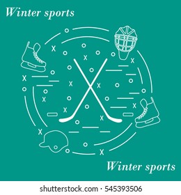 Vector illustration of various subjects for hockey arranged in a circle. Including icons of helmet, skates, goalkeeper mask, stick, puck. Winter elements made in line style. 