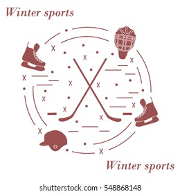 Vector illustration of various subjects for hockey arranged in a circle. Including icons of helmet, skates, goalkeeper mask, hockey stick, puck. 