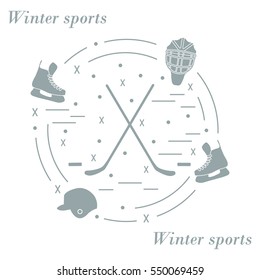 Vector illustration of various subjects for hockey arranged in a circle. Including icons of helmet, skates, goalkeeper mask, hockey stick, puck. 