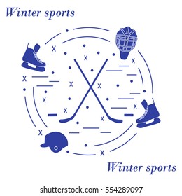Vector illustration of various subjects for hockey arranged in a circle. Including icons of helmet, skates, goalkeeper mask, hockey stick, puck. 