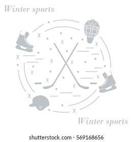 Vector illustration of various subjects for hockey arranged in a circle. Including icons of helmet, skates, goalkeeper mask, hockey stick, puck. 