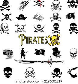 vector illustration of various super cute pirate adventure theme characters and designs like pirate kids, treasure chest, mermaid and more.
