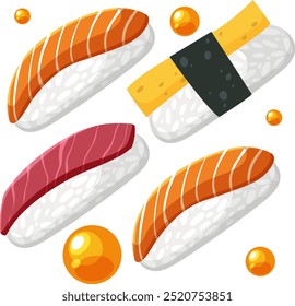 Vector illustration of various sushi pieces