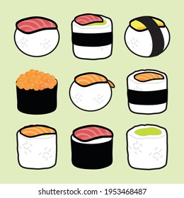 Vector illustration of various sushi shapes with toppings in outline design style