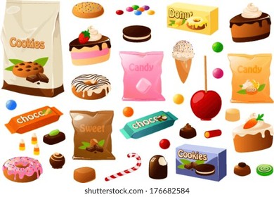 Vector illustration of various sweet food items.