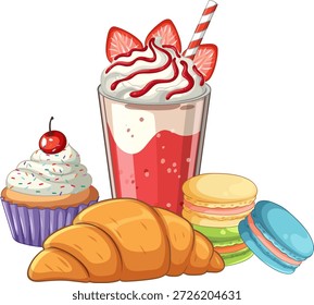 Vector illustration of various sweets with a strawberry milkshake, cupcake, croissant, and colorful macarons