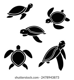 Ilustración vectorial de varias poses de tortuga nadadora.