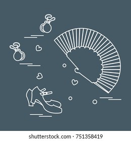 Vector illustration with various symbols of dance culture of Spain. Travel and leisure. Design for banner, poster or print.
