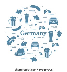 Vector illustration with various symbols of Germany arranged in a circle. Travel and leisure. Design for banner, poster or print.