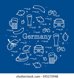 Vector illustration with various symbols of Germany arranged in a circle. Travel and leisure. Design for banner, poster or print.