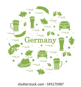 Vector illustration with various symbols of Germany arranged in a circle. Travel and leisure. Design for banner, poster or print.