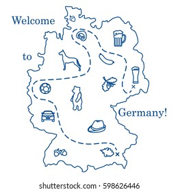 Vector illustration with various symbols of Germany. Travel and leisure. Design for banner, poster or print.