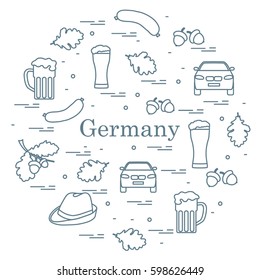 Vector illustration with various symbols of Germany arranged in a circle. Travel and leisure. Design for banner, poster or print.