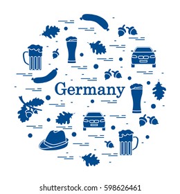 Vector illustration with various symbols of Germany arranged in a circle. Travel and leisure. Design for banner, poster or print.