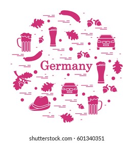 Vector illustration with various symbols of Germany arranged in a circle. Travel and leisure. Design for banner, poster or print.