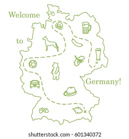 Vector illustration with various symbols of Germany. Travel and leisure. Design for banner, poster or print.