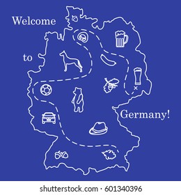 Vector illustration with various symbols of Germany. Travel and leisure. Design for banner, poster or print.