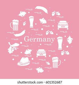 Vector illustration with various symbols of Germany arranged in a circle. Travel and leisure. Design for banner, poster or print.