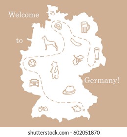 Vector illustration with various symbols of Germany. Travel and leisure. Design for banner, poster or print.