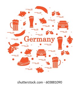 Vector illustration with various symbols of Germany arranged in a circle. Travel and leisure. Design for banner, poster or print.