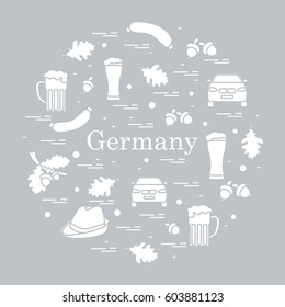 Vector illustration with various symbols of Germany arranged in a circle. Travel and leisure. Design for banner, poster or print.