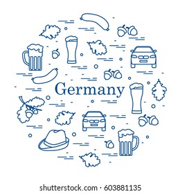 Vector illustration with various symbols of Germany arranged in a circle. Travel and leisure. Design for banner, poster or print.