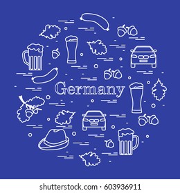 Vector illustration with various symbols of Germany arranged in a circle. Travel and leisure. Design for banner, poster or print.