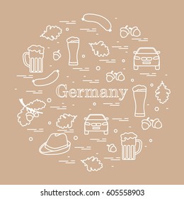 Vector illustration with various symbols of Germany arranged in a circle. Travel and leisure. Design for banner, poster or print.