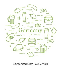 Vector illustration with various symbols of Germany arranged in a circle. Travel and leisure. Design for banner, poster or print.