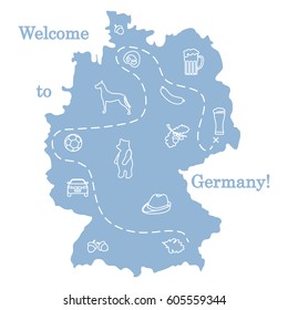 Vector illustration with various symbols of Germany. Travel and leisure. Design for banner, poster or print.