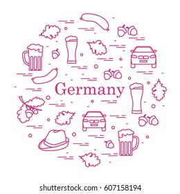 Vector illustration with various symbols of Germany arranged in a circle. Travel and leisure. Design for banner, poster or print.