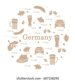 Vector illustration with various symbols of Germany arranged in a circle. Travel and leisure. Design for banner, poster or print.