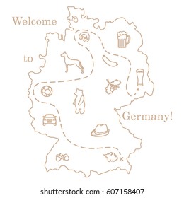 Vector illustration with various symbols of Germany. Travel and leisure. Design for banner, poster or print.