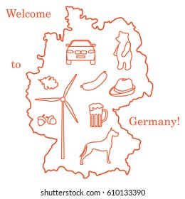 Vector illustration with various symbols of Germany. Travel and leisure. Design for banner, poster or print.