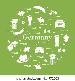 Vector illustration with various symbols of Germany arranged in a circle. Travel and leisure. Design for banner, poster or print.