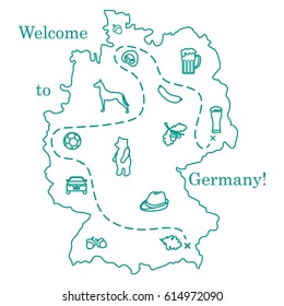 Vector illustration with various symbols of Germany. Travel and leisure. Design for banner, poster or print.