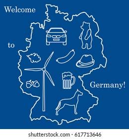 Vector illustration with various symbols of Germany. Travel and leisure. Design for banner, poster or print.