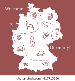 Vector illustration with various symbols of Germany. Travel and leisure. Design for banner, poster or print.