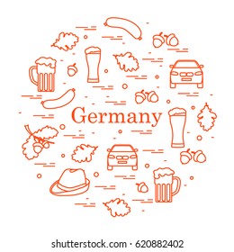 Vector illustration with various symbols of Germany arranged in a circle. Travel and leisure. Design for banner, poster or print.