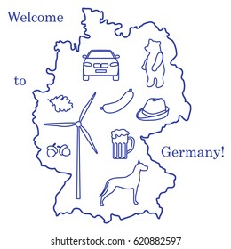 Vector illustration with various symbols of Germany. Travel and leisure. Design for banner, poster or print.