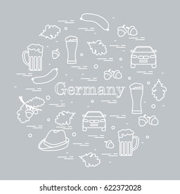 Vector illustration with various symbols of Germany arranged in a circle. Travel and leisure. Design for banner, poster or print.